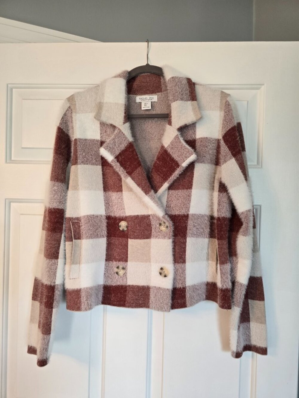 Rachel Zoe Plaid Double-Breasted Cropped Sweater Jacket Shacket  SOFT !!!! Large